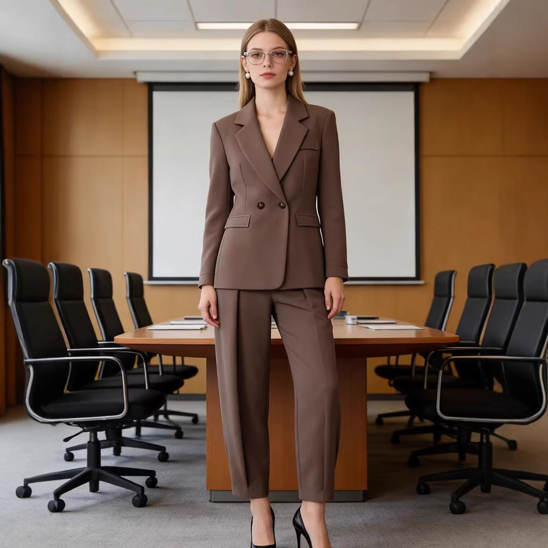 Women's Two-Piece Suit Set with Tailored Double-Breasted Blazer and High-Waisted Pleated Trousers Mune Fashion