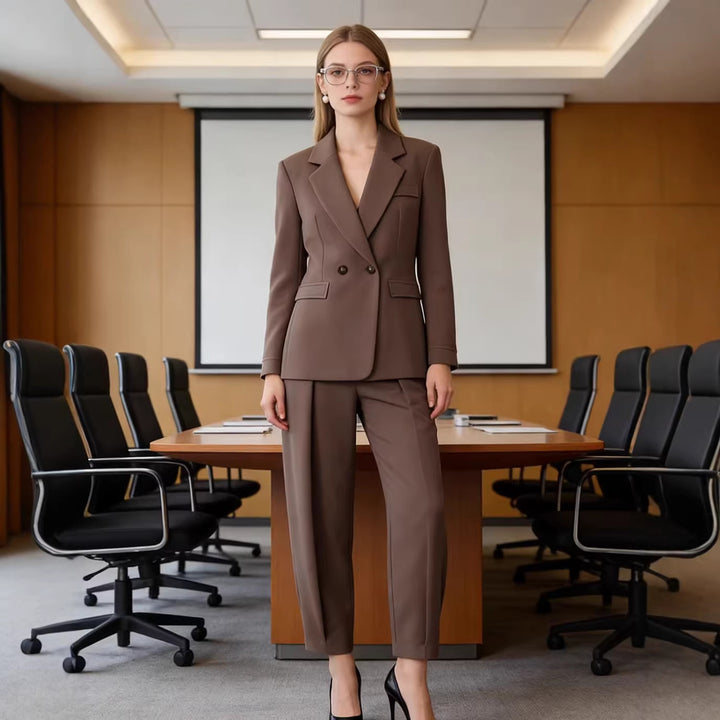 Women's Two-Piece Suit Set with Tailored Double-Breasted Blazer and High-Waisted Pleated Trousers Mune Fashion