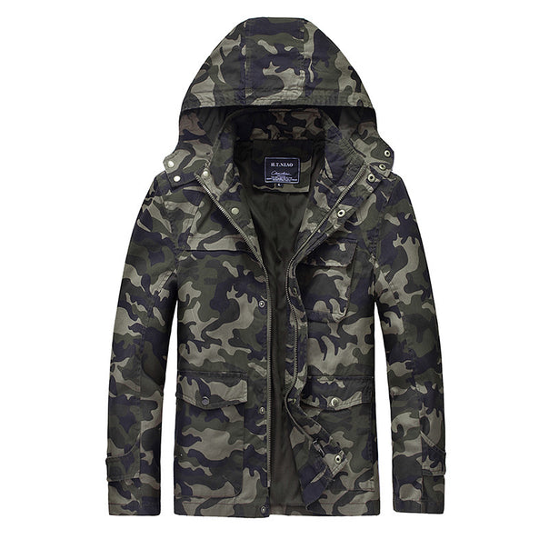 Men's Camouflage Field Jacket with Hood, Multifunctional Exterior Pockets and Drawstring Waist Mune Fashion