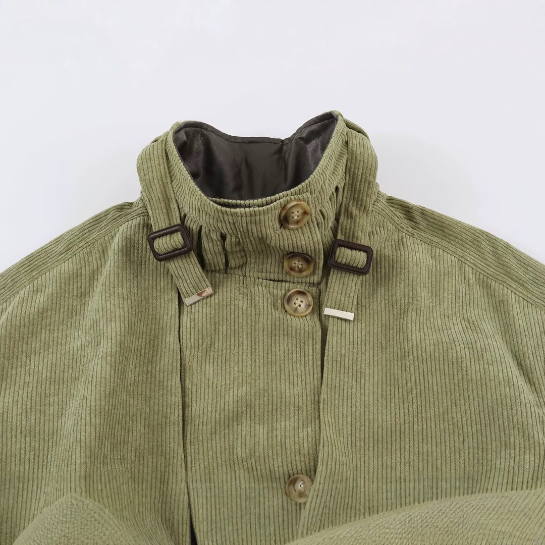 Women's Cord Field Jacket with Waist Belt and Stand-Up Collar Mune Fashion