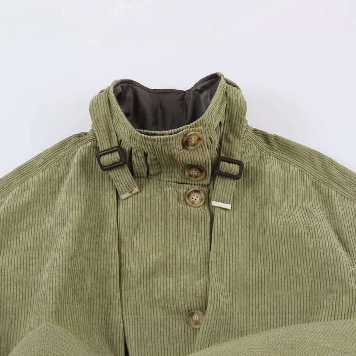 Women's Cord Field Jacket with Waist Belt and Stand-Up Collar Mune Fashion