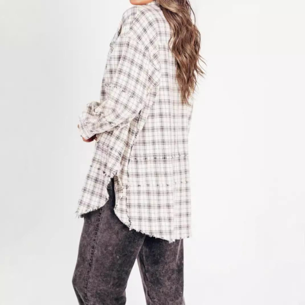 Women's oversized check shirt with fringe trim, chest pockets, and loose fit Mune Fashion