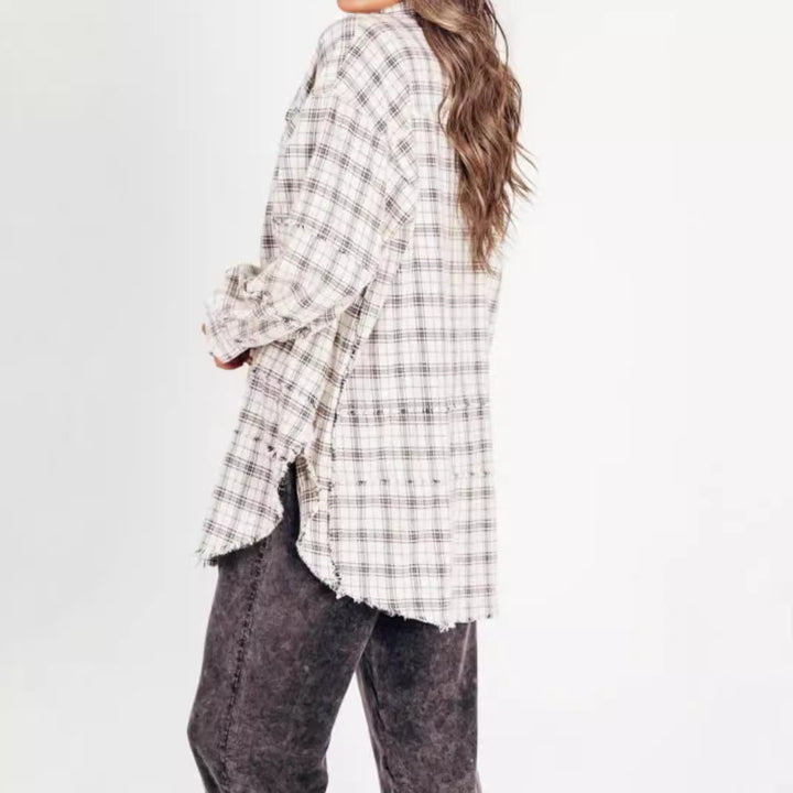 Women's oversized check shirt with fringe trim, chest pockets, and loose fit Mune Fashion