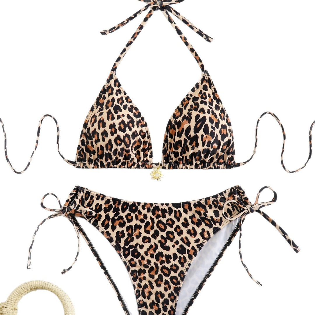 Ladies triangle bikini with playful ties and fashionable leopard pattern Mune Fashion