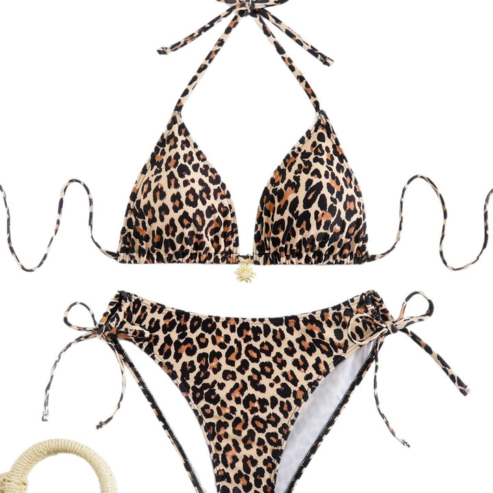 Ladies triangle bikini with playful ties and fashionable leopard pattern Mune Fashion
