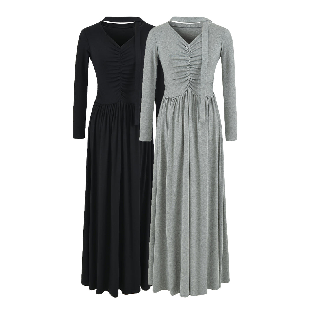 Women's midi dress with gathering, V neck and tailored pleated skirt Mune Fashion
