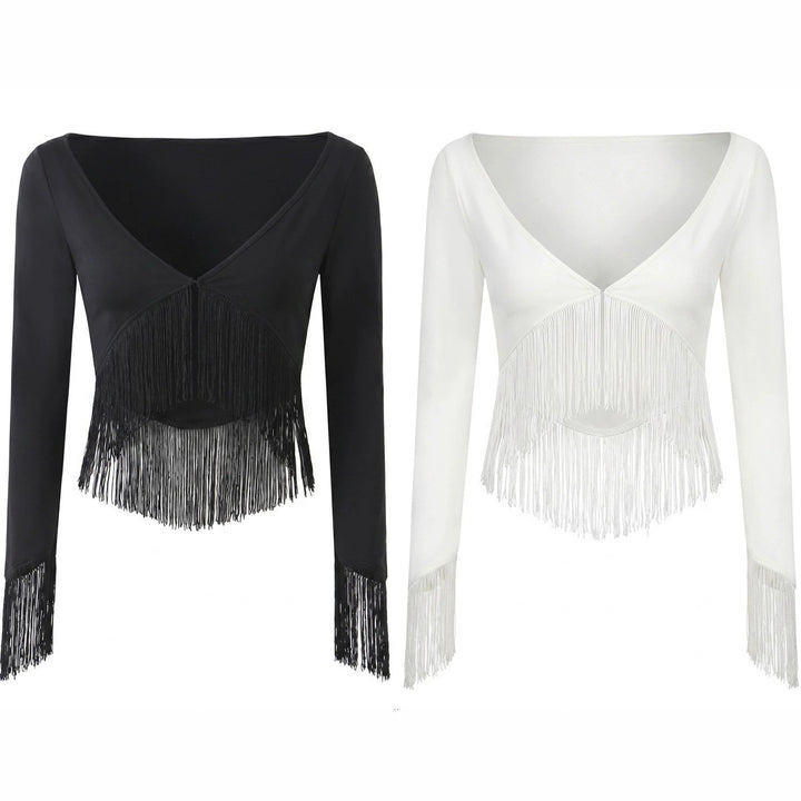Women Cropped V-Neck Top with Long Sleeves and Decorative Fringe Trim Mune Fashion