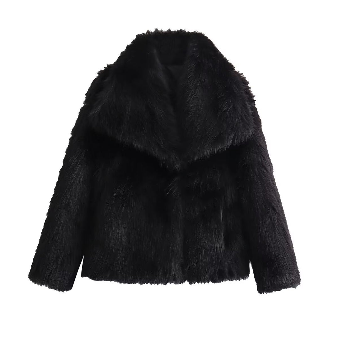 Women's Short Faux Fur Jacket with Wide Shawl Collar Mune Fashion
