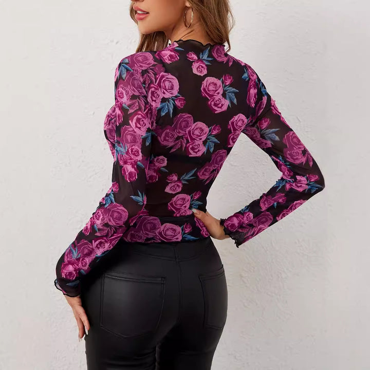Women's tailored mesh shirt with floral rose patterns, high stand-up collar and wavy hem Mune Fashion