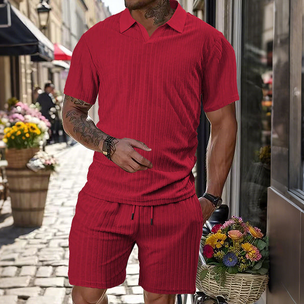 Men's knit lounge ensemble with polo collar V-insert and drawstring bermudas Mune Fashion