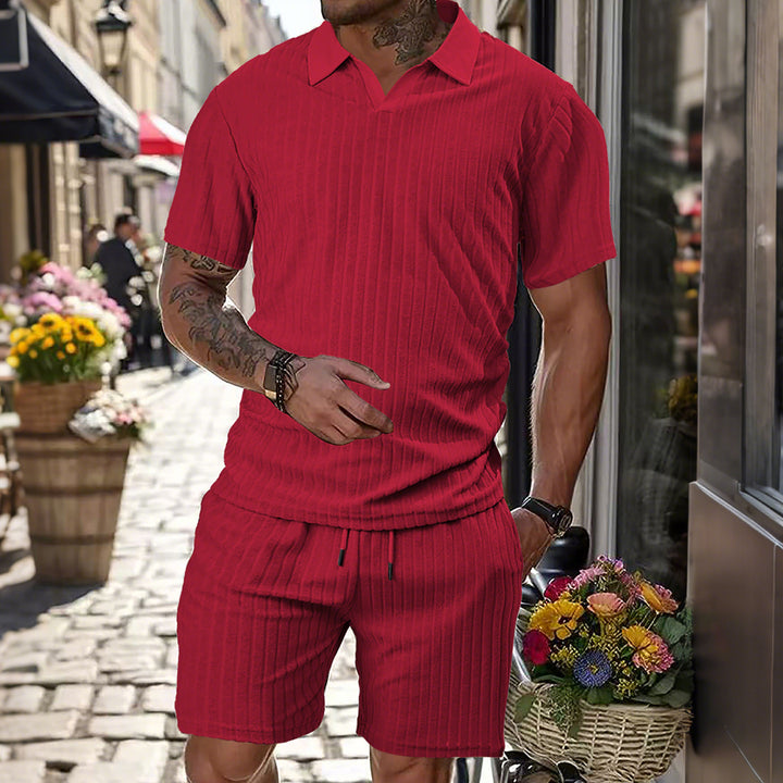 Men's knit lounge ensemble with polo collar V-insert and drawstring bermudas Mune Fashion
