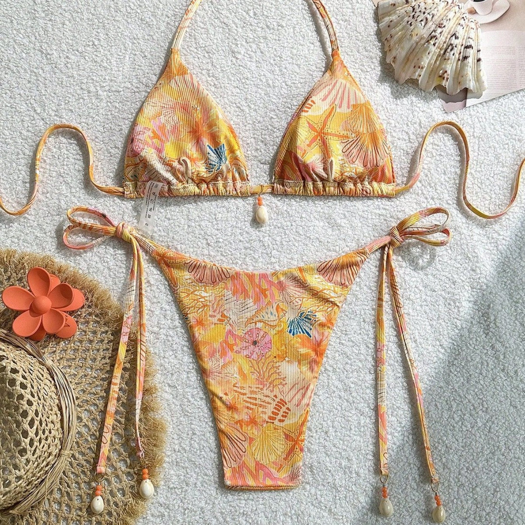 Women's triangle bikini with tropical pattern and playful ties Mune Fashion