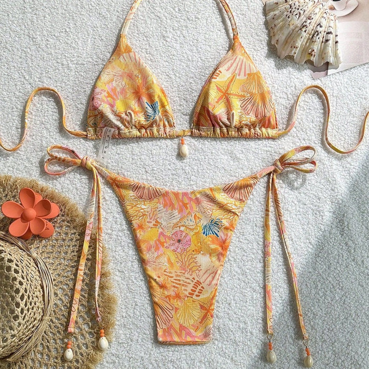 Women's triangle bikini with tropical pattern and playful ties Mune Fashion