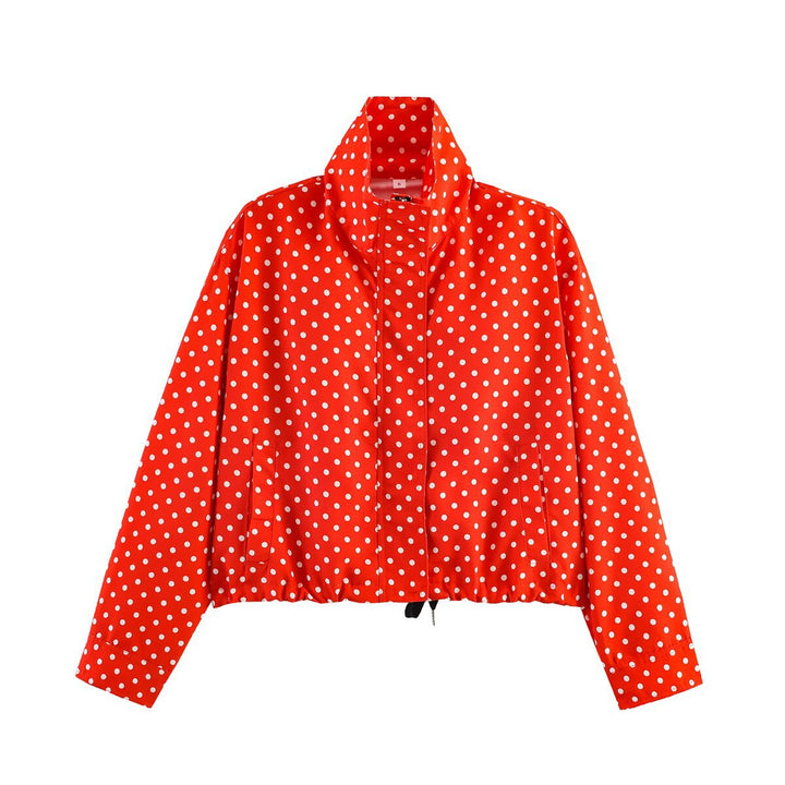 Women's Dotted Short Jacket with Stand-up Collar, Concealed Front Placket and Drawstring Mune Fashion