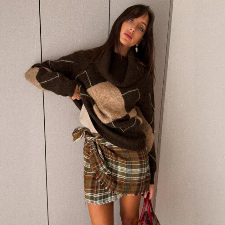 Women Checkered Wrap Mini Skirt with Fringes and High Waist Mune Fashion