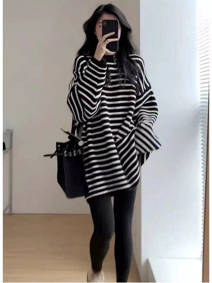 Women Oversize Knit Long Pullover with Horizontal Stripe Structure Mune Fashion