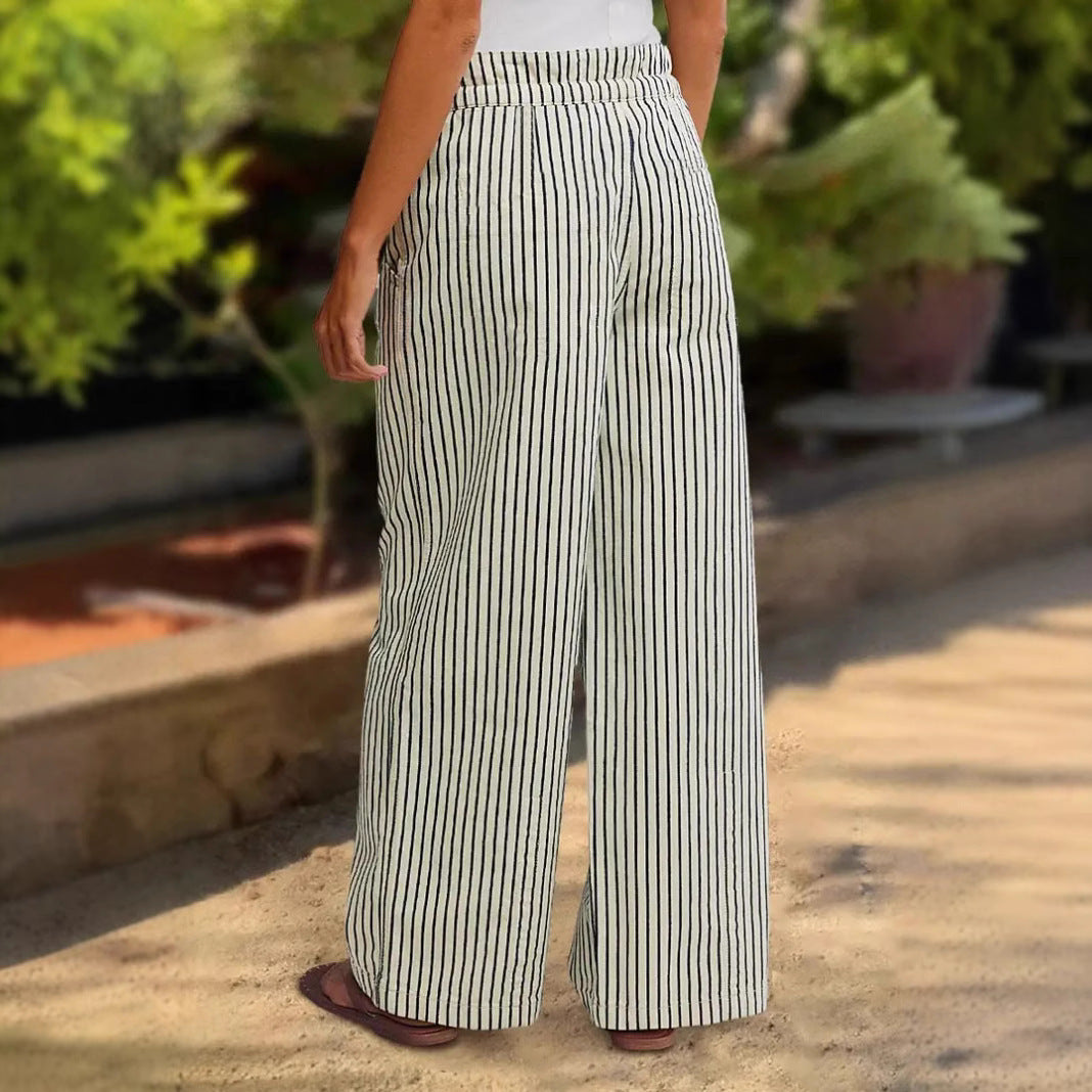 Women Light Linen Look Palazzo Pants with Elastic Waistband, Drawstring and Vertical Stripe Pattern Mune Fashion