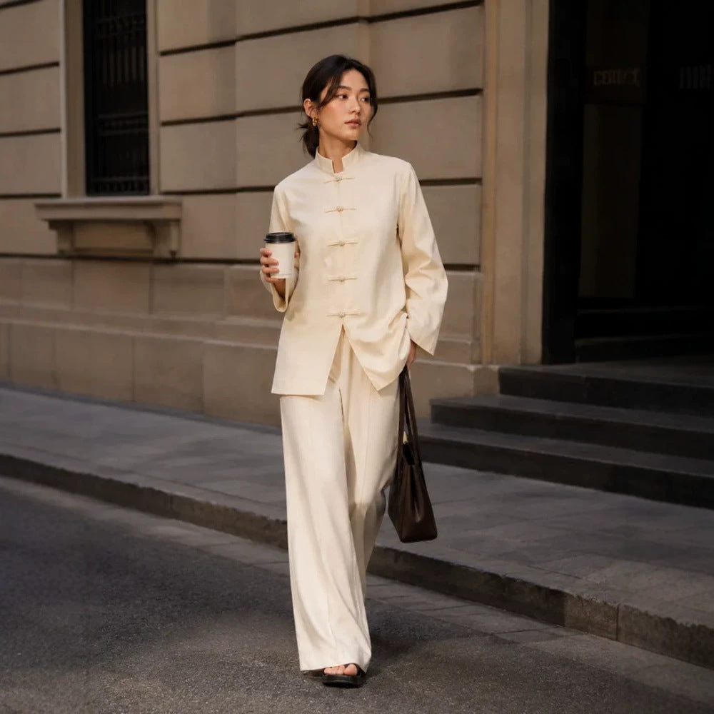 Women's Mandarin Collar Tunic Jacket with Knot Closures and Wide Palazzo Pants Mune Fashion