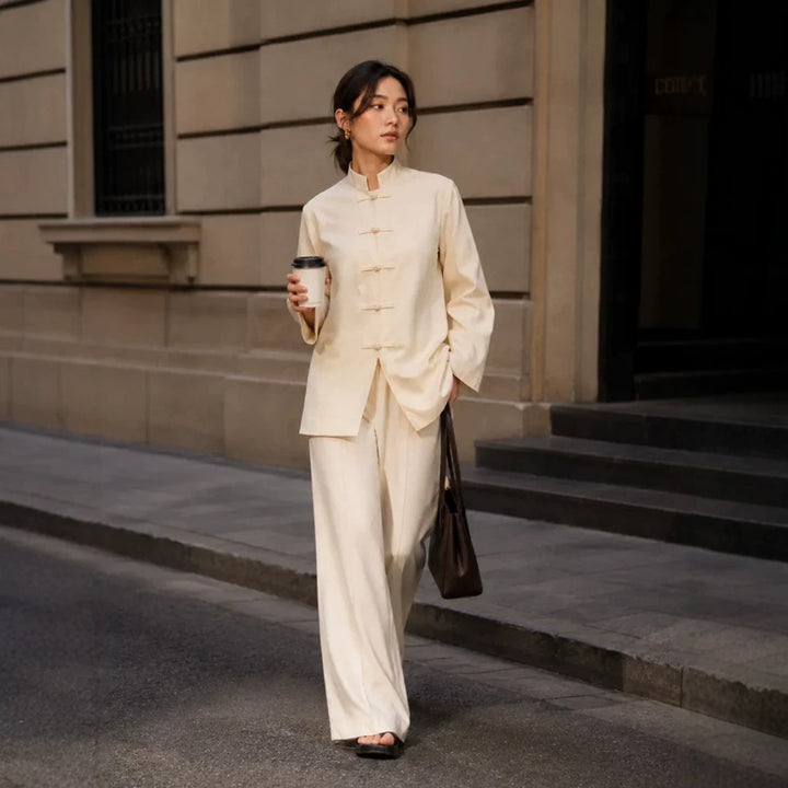 Women's Mandarin Collar Tunic Jacket with Knot Closures and Wide Palazzo Pants Mune Fashion