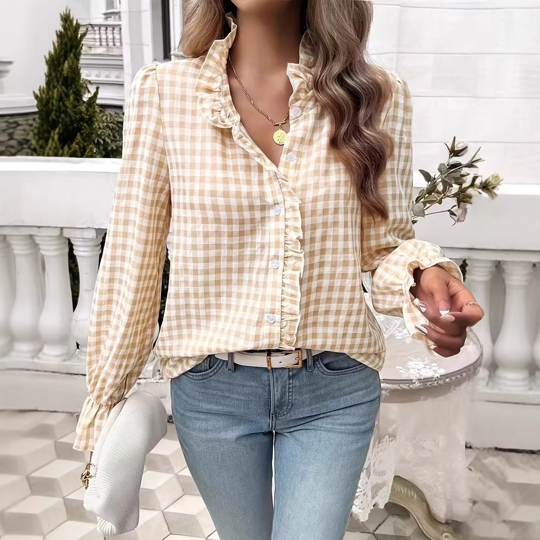 Women's checkered ruffle blouse with stand-up collar, concealed button placket, and bell sleeves Mune Fashion