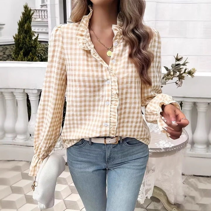 Women's checkered ruffle blouse with stand-up collar, concealed button placket, and bell sleeves Mune Fashion