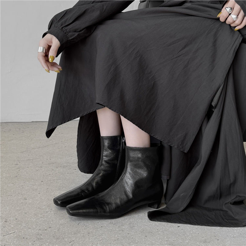 Women's Elegant Leather Ankle Boots with Square Toe Shape, Short Sculpted Heel, and Inside Zipper Mune Fashion