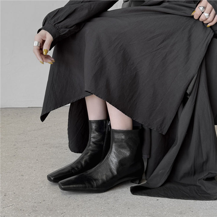Women's Elegant Leather Ankle Boots with Square Toe Shape, Short Sculpted Heel, and Inside Zipper Mune Fashion