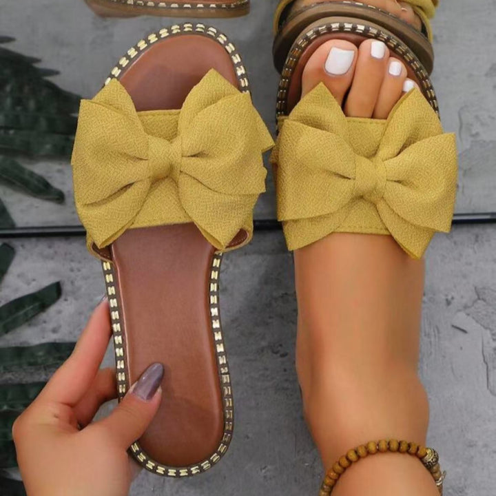 Women Flat Slippers with Oversized Bow, Gold Trim Decoration and Padded Comfort Insole Mune Fashion