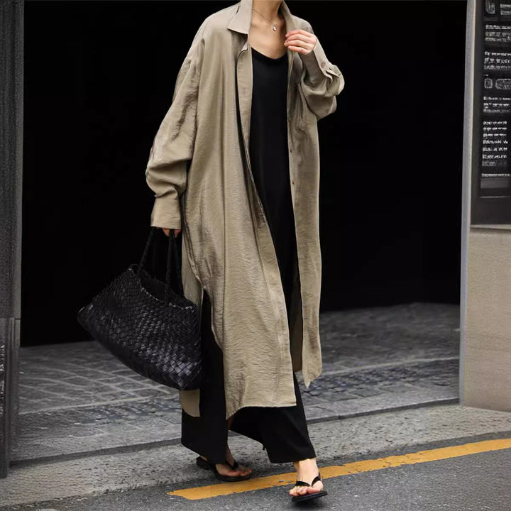 Ladies Long Satin Effect Duster with Stand Collar, Oversized Cut and Deep Side Slits Mune Fashion