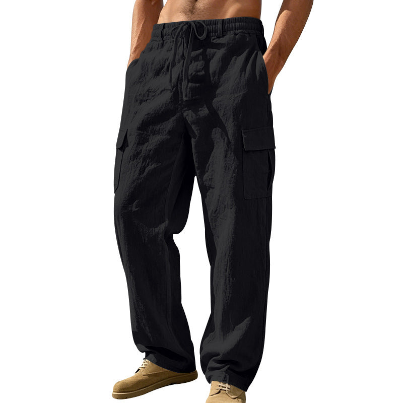 Men's relaxed-fit beach cargo pants made of linen blend with elastic drawstring and double flap pocket Mune Fashion