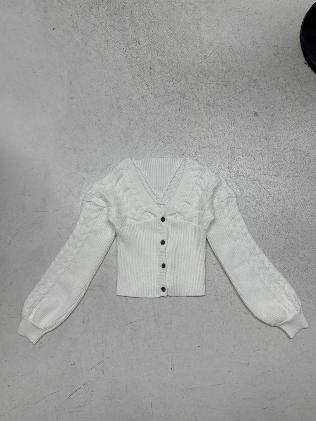 Ladies tailored knit cardigan with V-neck, cable pattern sleeves and decorative wooden buttons Mune Fashion