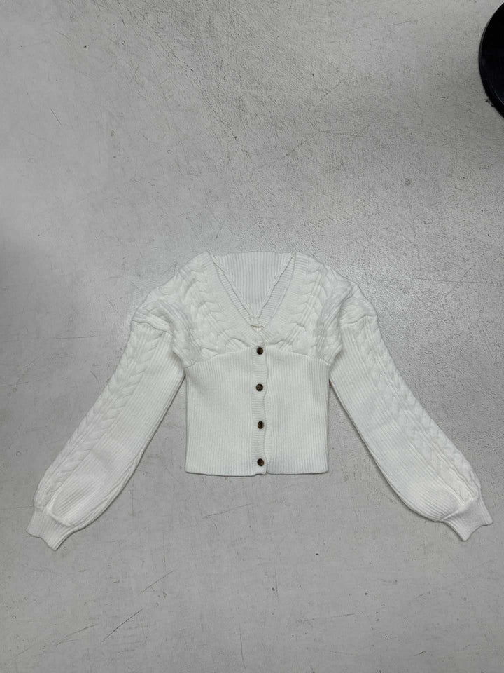 Ladies tailored knit cardigan with V-neck, cable pattern sleeves and decorative wooden buttons Mune Fashion