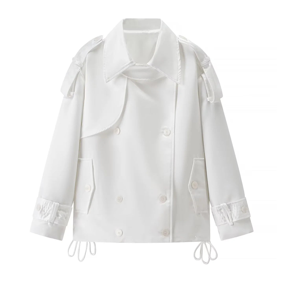 Women's short double-breasted trench coat with shoulder flaps, adjustable hem drawstring, and adjustable cuffs Mune Fashion