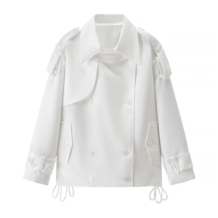 Women's short double-breasted trench coat with shoulder flaps, adjustable hem drawstring, and adjustable cuffs Mune Fashion