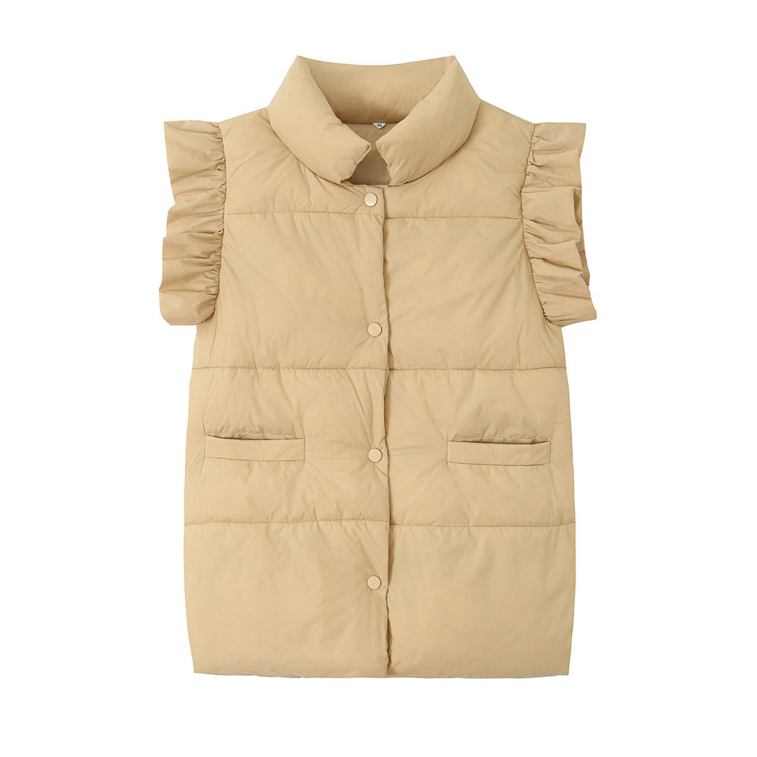 Women's sleeveless quilted vest with ruffled sleeves, stand-up collar, and concealed snap buttons Mune Fashion