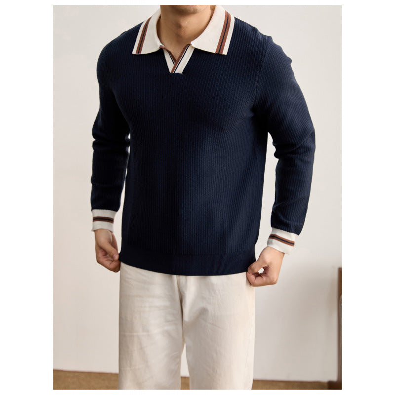 Men's fine knit polo with V-neck, ribbed structure and contrasting cuffs Mune Fashion