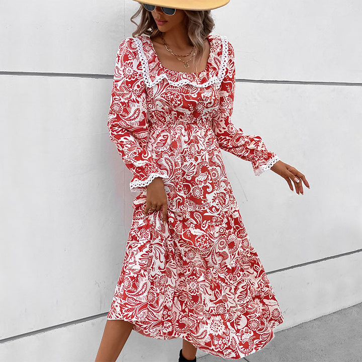 Women's Romantic Midi Dress in Boho Style with Square Neckline, Lace Trim and Waist Drawstring
