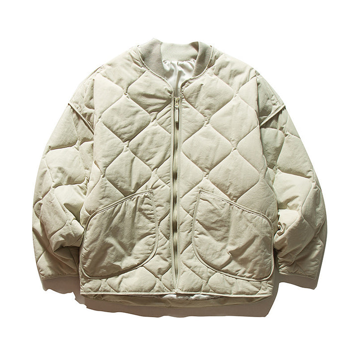 Unisex Lightweight Boxy Puffer Jacket with distinctive diamond quilting, front round pockets, and ribbed collar Mune Fashion
