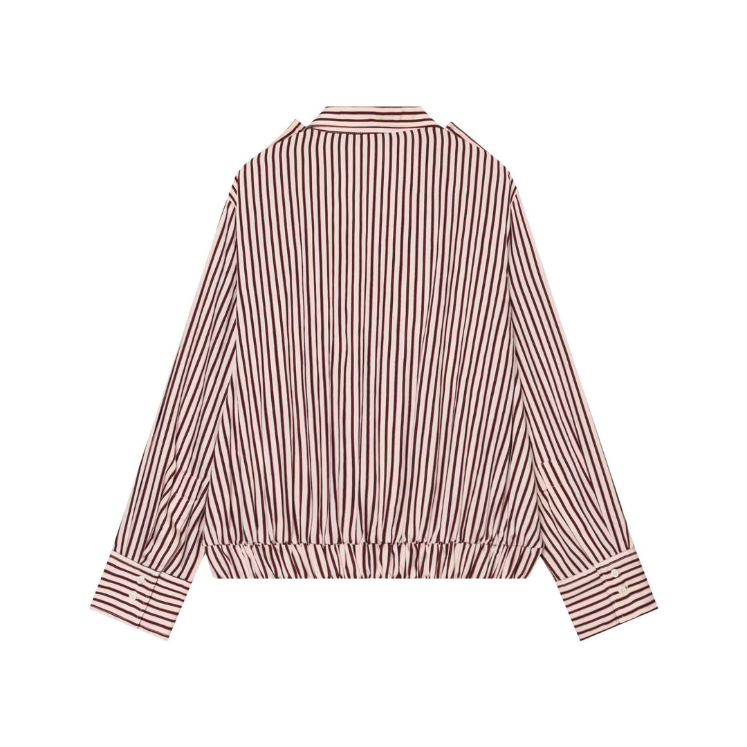 Women Striped Oversized Shirt Jacket with Drawstring Hem and Flap Pockets Drune