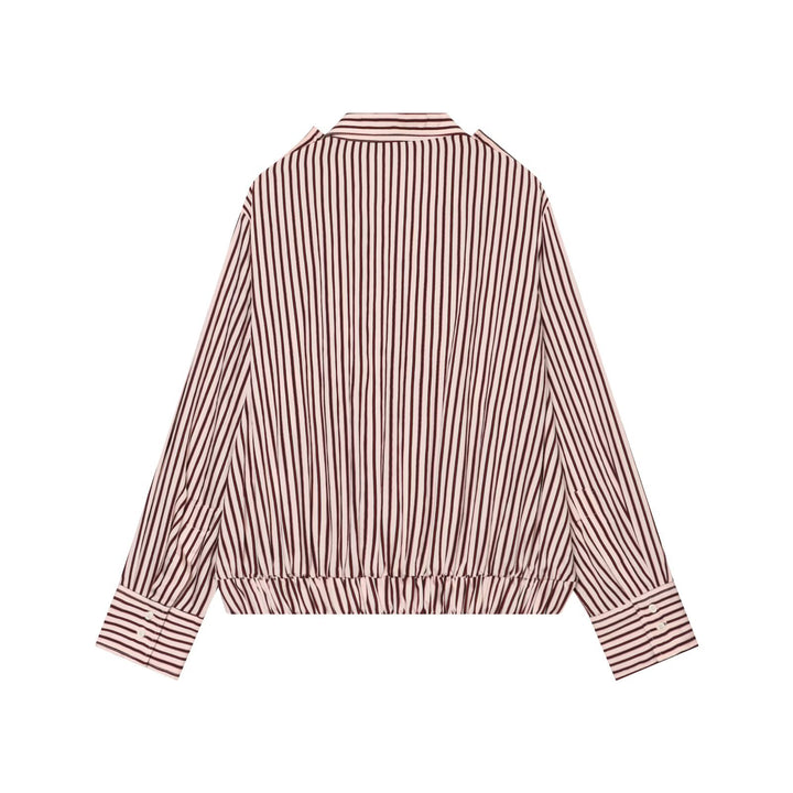 Women Striped Oversized Shirt Jacket with Drawstring Hem and Flap Pockets Drune
