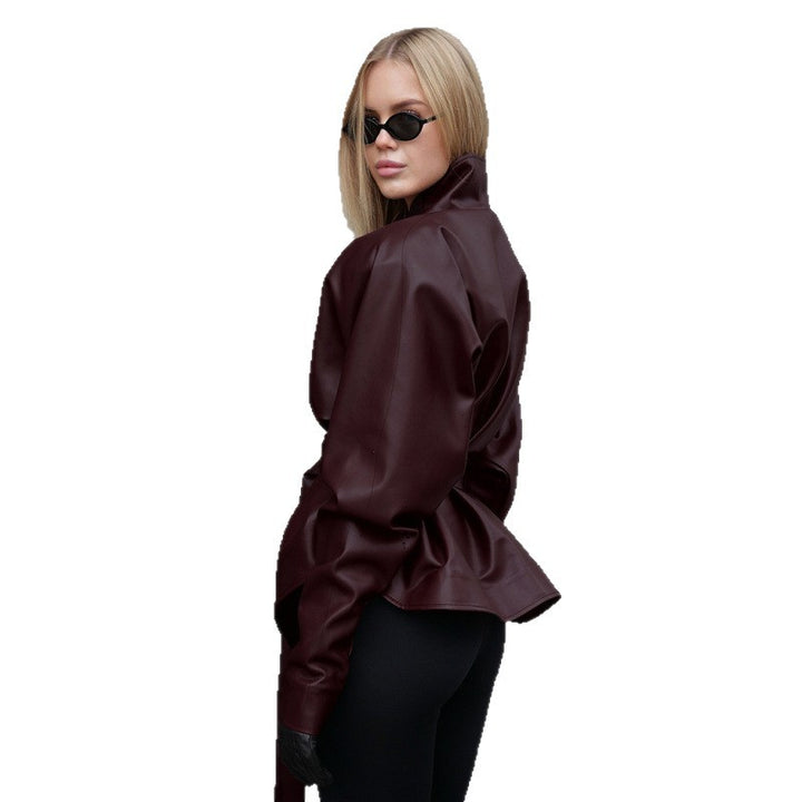 Women's leather look jacket with fitted belt and high stand-up collar Mune Fashion