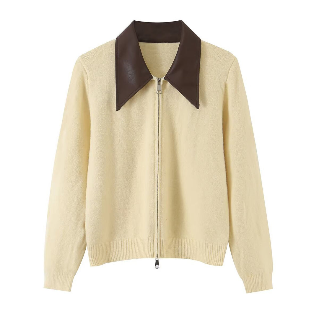 Women Short Wool Blend Cardigan with Zipper and Contrasting Faux Leather Collar Mune Fashion