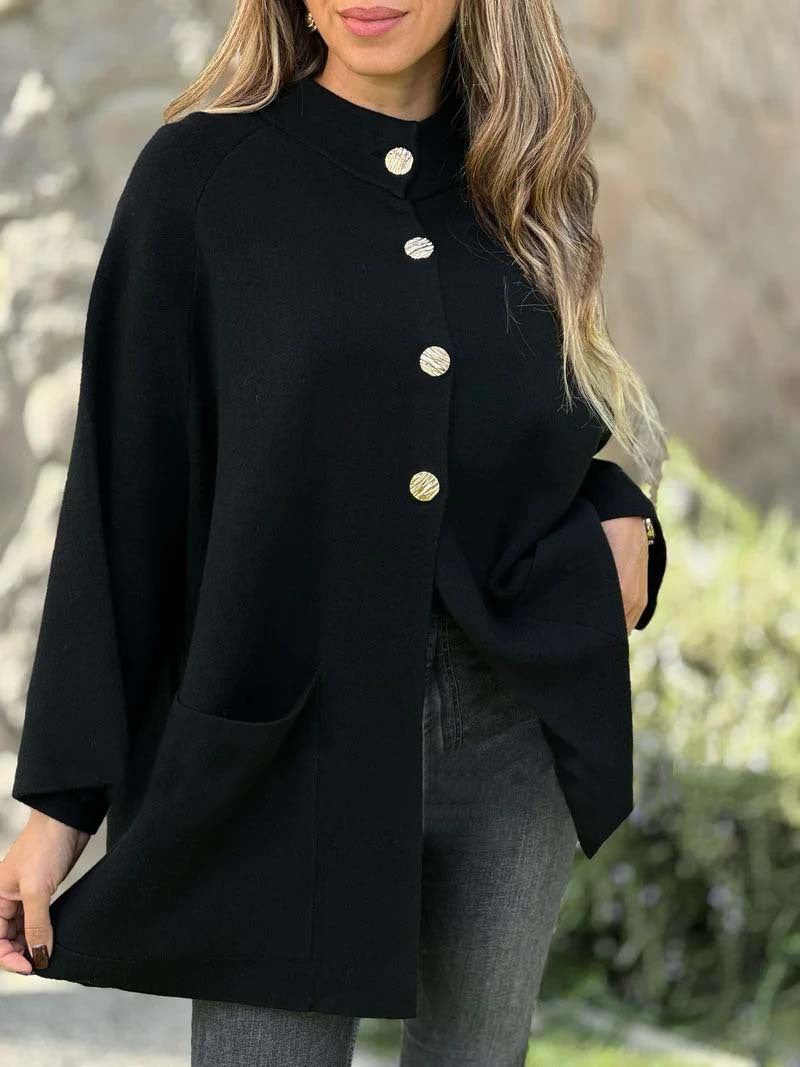Women's Oversize Cape Cardigan with Stand-Up Collar, Patch Pockets, and Decorative Buttons Mune Fashion
