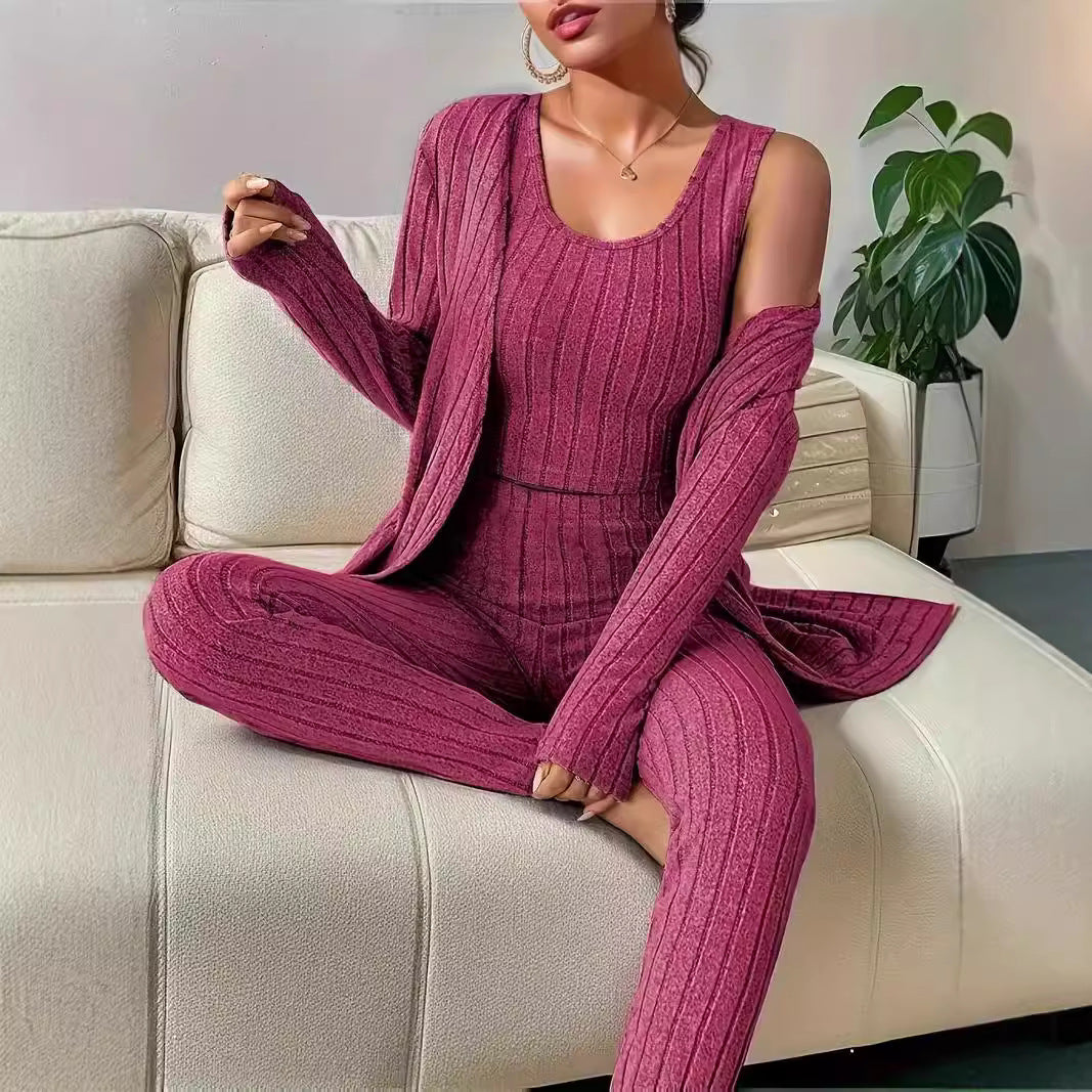 Women's Ribbed Lounge Set with Cropped Top, High-Waist Leggings and Long Cardigan Mune Fashion