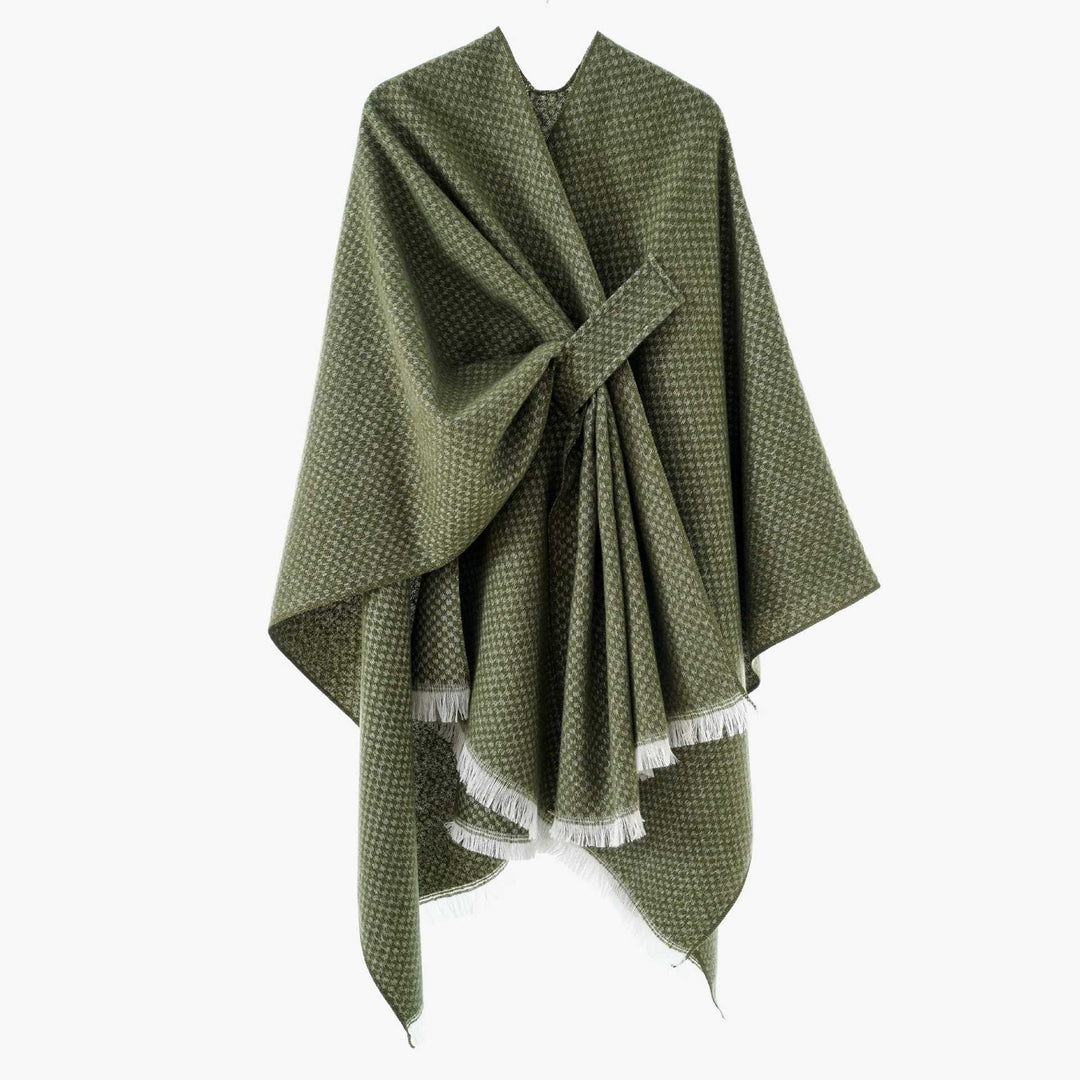 Women's Reversible Wool Mix Poncho with Houndstooth Jacquard and Ties Belt Mune Fashion