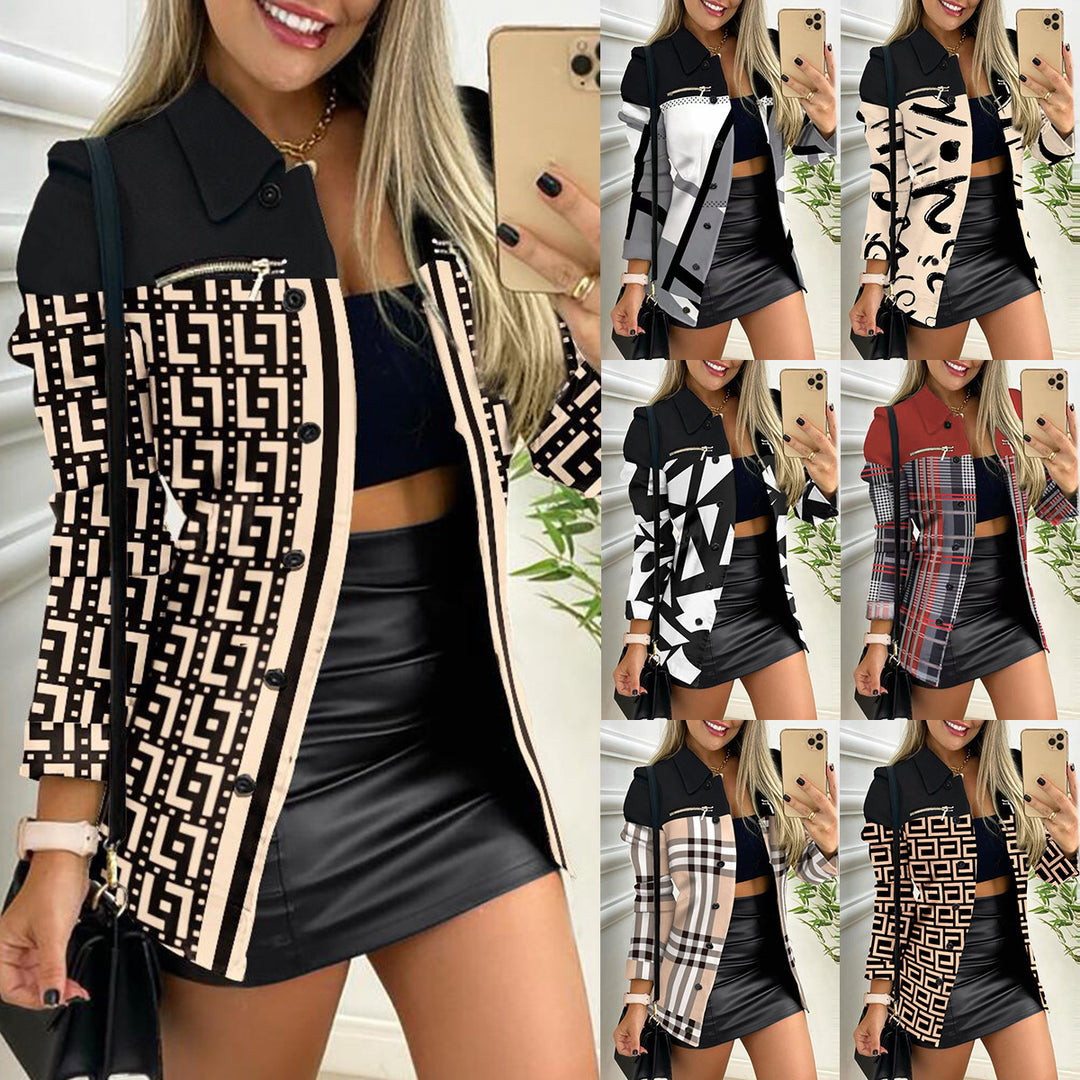 Women's checked long blazer in shacket style with decorative zippers Mune Fashion