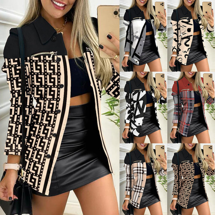 Women's checked long blazer in shacket style with decorative zippers Mune Fashion
