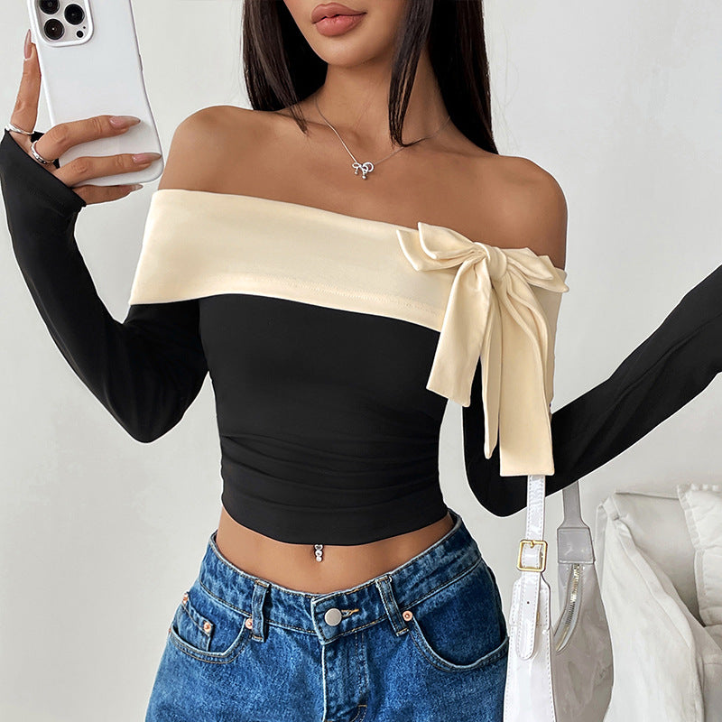 Women's Off-Shoulder Long Sleeve Top with Wide Folded Collar and Decorative Bow