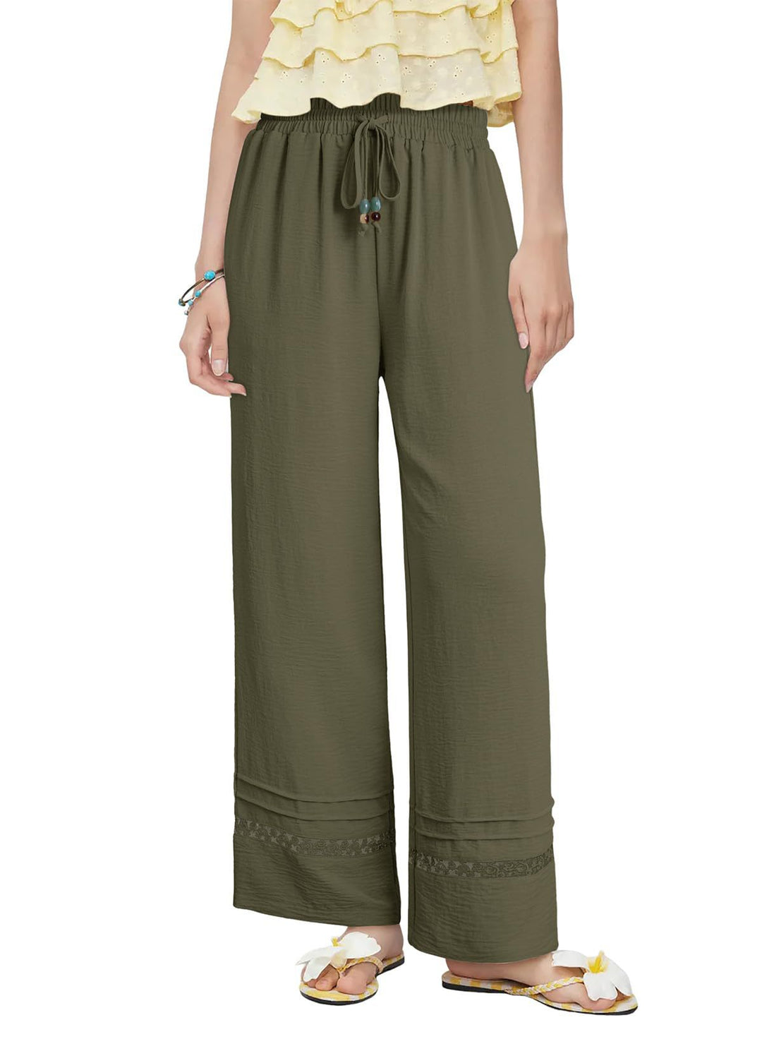 Women's wide linen-look pants with high elastic waistband, drawstring and lace insert Mune Fashion