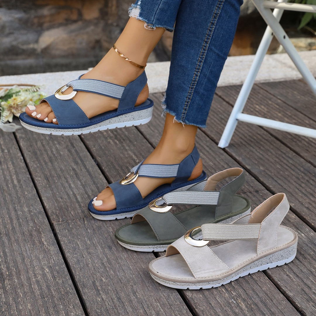 Women's Comfortable Wedge Sandals with Toe Post, Elastic Strap and Decorative Metal Ring Mune Fashion